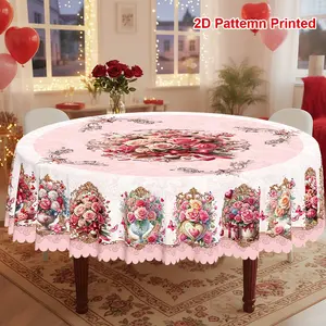 1pc, Spring Summer Party Tablecloth, Picnic Table Cover, Valentine's Day Mother's Day Butterfly Love Heart Rose Floral Printed Design, Rectangular/Round/Oval Table Cloth, Embossed Edge, Suitable For Dining Picnic Dinner Dining Room Decoration