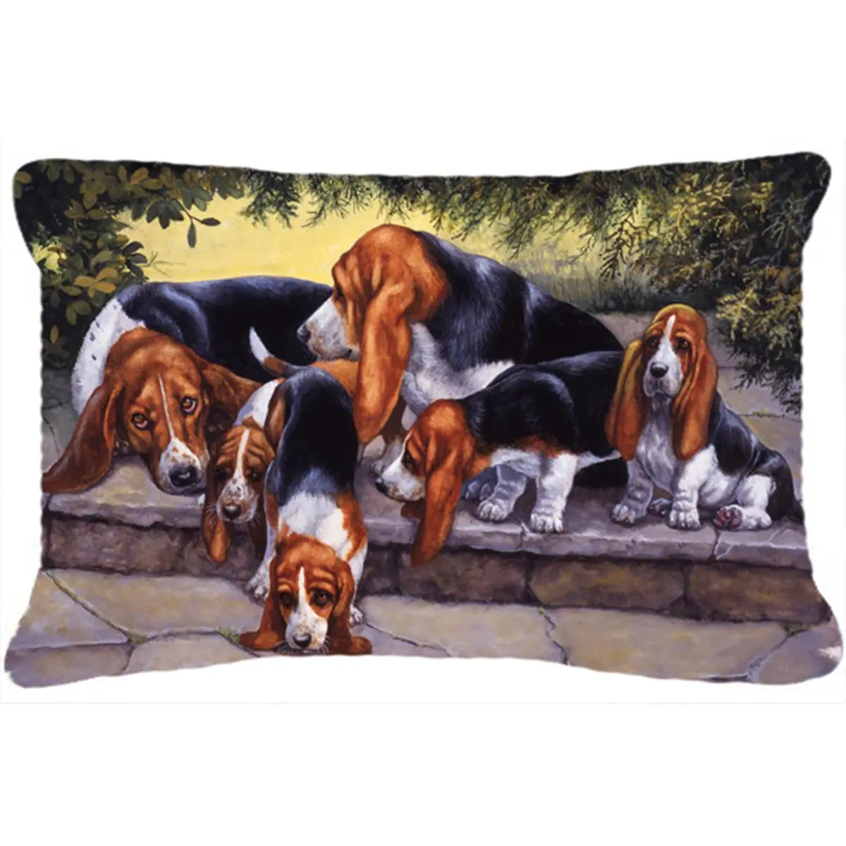 Basset Hound Puppies-Momma & Daddy Durable Fade-Resistant Fabric Decorative Pillow, Machine Washable, with Cushion