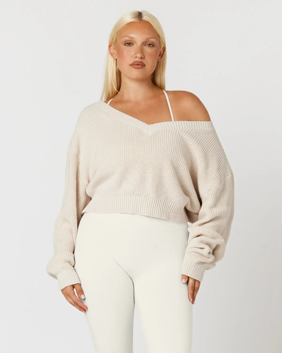 Cropped Off Shoulder Knit Jumper | Vanilla