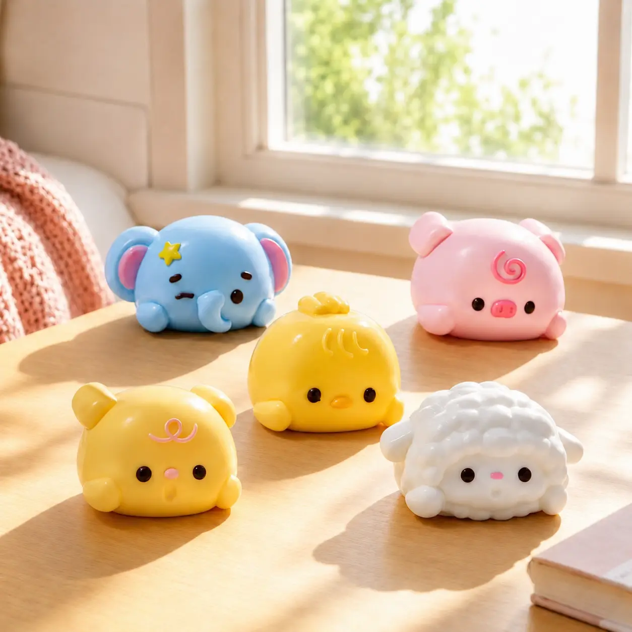 TABASQUISHY Handmade Mini Animal Head Taba Squishy Toy Set - 5 Kawaii Styles (Pig, Bear,Rebbit, Lamb, Elephant), Plush-Look Slow Rising Fidget Toy, Soft Sensory Stress-Relief Collectible, Backpack Charm Gift for Teens