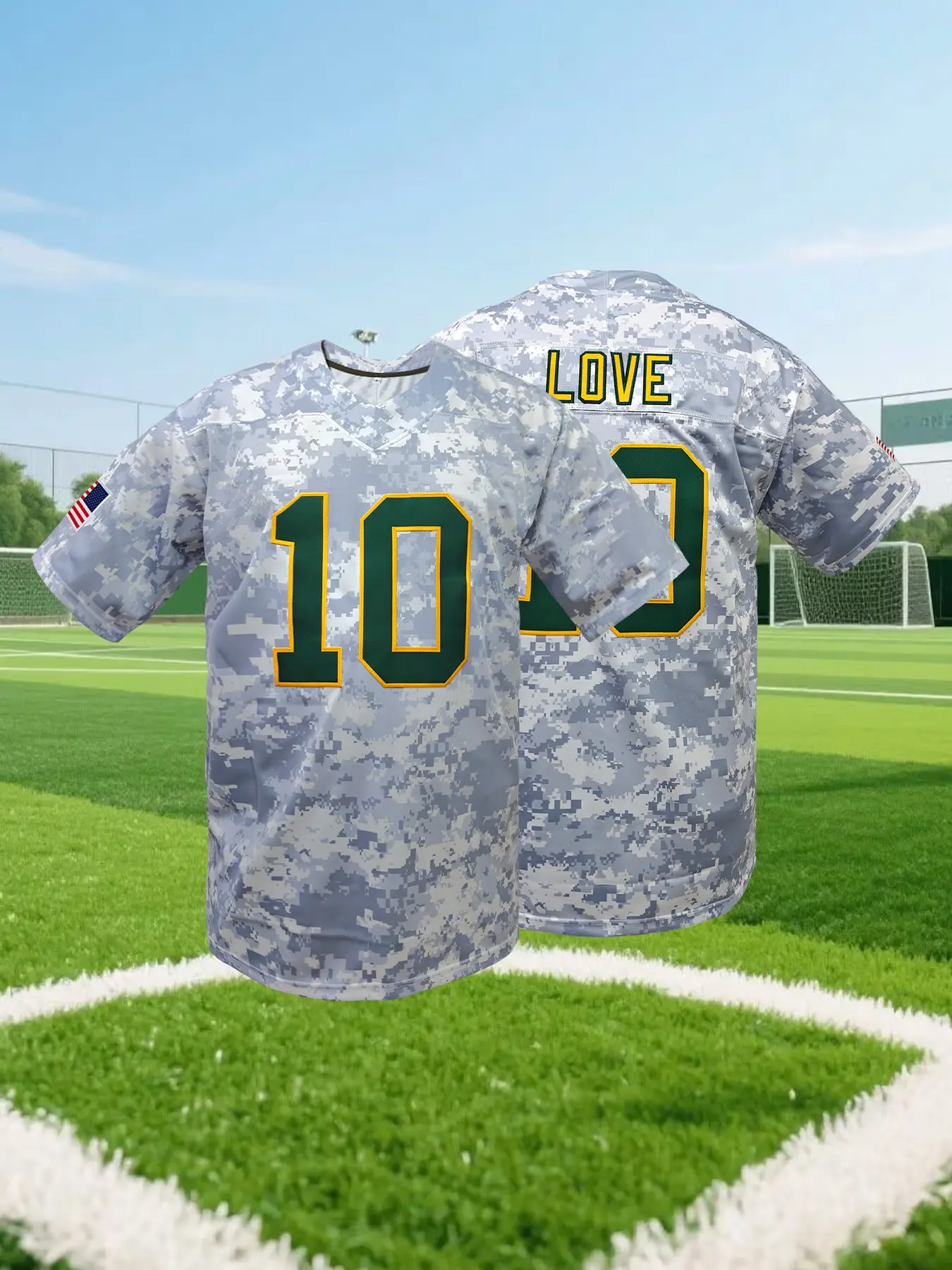 Men's LOVE #10 Camo American Football Lightweight Jersey,Green Bay Rugby Jersey,Embroidered Sports Top Breathable Athletic Tee for Training & Competition, Athletic Tops, Training Shirt, Workout Tops