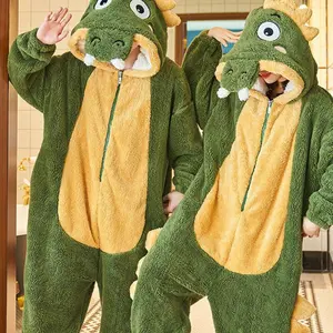 Unisex Cute Crocodile Design Flannel Hooded Jumpsuit, Casual Comfy Long Sleeve Zip Up Jumpsuit for Home Wear, Animal Cosplay Sleepwear for Men & Women, Pajama, Sleep Onesie