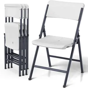 White Folding Chairs 4 Pack, Outdoor Portable Plastic Foldable Chairs with Metal Frame, 300lbs Capacity Heavy Duty Folding Chairs for Patio, Picnic, Kitchen, Dining, Party