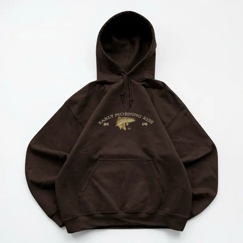 Men's Oversized Brown Fishing Graphic Hoodie - Ribbed Menswear Top, Vintage Cabin Core Earth Tone Fall Pullover, Baggy Skater Layer, Fisherman Gift, Cargo-Inspired Outdoor Casual Sweatshirt