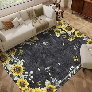 Sunflower Border Print Rug Washable Stain-resistant Non-slip Ultra-thin Foldable Large-size Vintage Print Rug for Bedrooms Dining Rooms Offices Hallways Entryways Apartments and Cafes