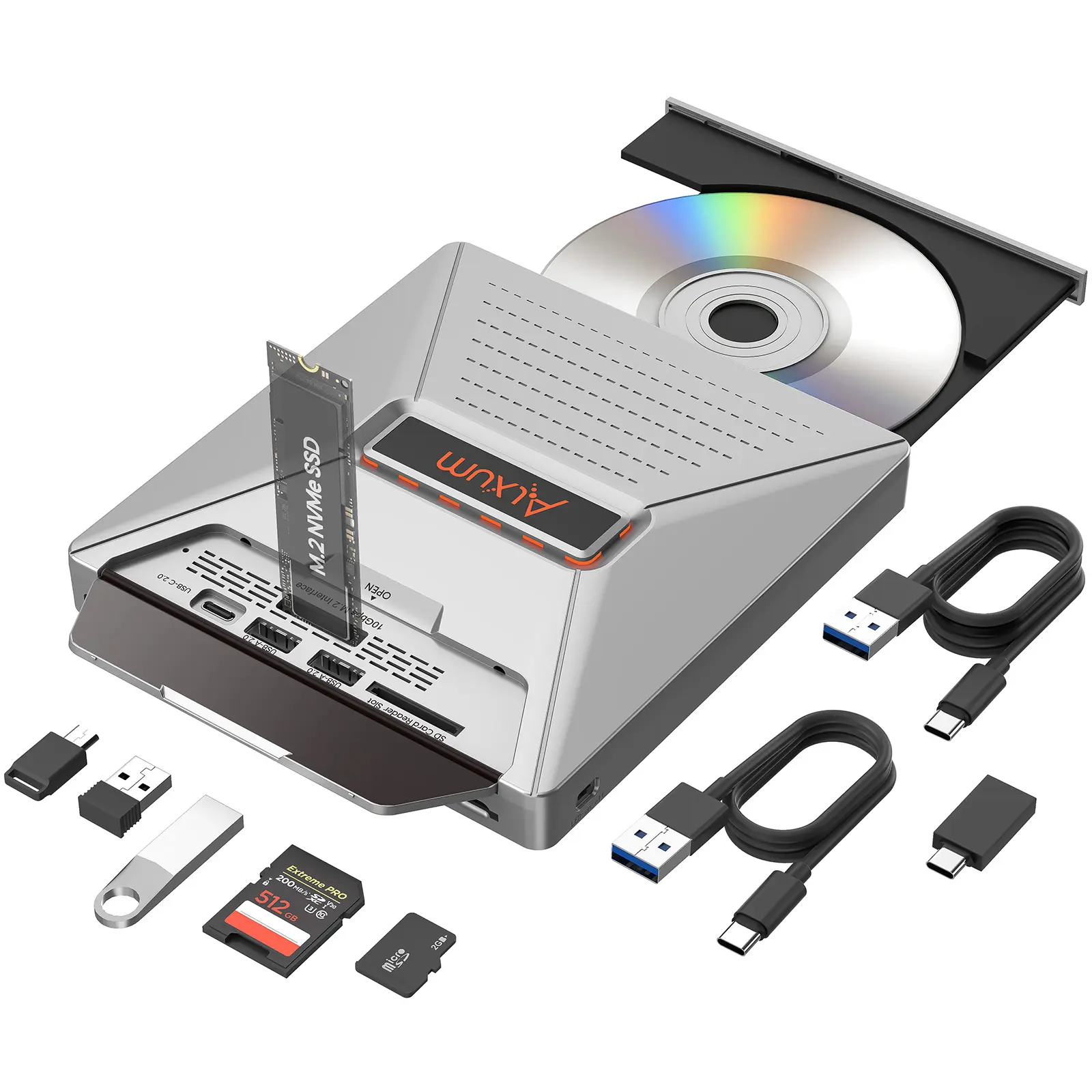 External CD DVD Player for Laptop, 7 in 1 Portable CD Player DVD Burner with M.2 NVMe/USB 2.0 Interface and SD/Micro SD Card Slot, Ultra-Slim Disk Drive Optical for Windows/Mac OS/Linux/Vista Perfect MothersDay Gift outdoorfun Data Transfer Compatible