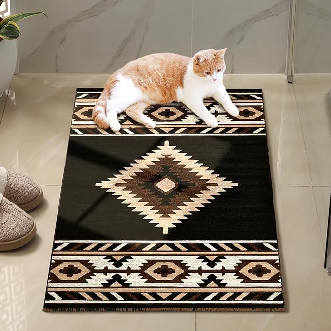 Southwestern Area Rug Washable, Soft Native American Tribal Floor Rugs for Living Room, Bedroom, Hallways, and More - Easy-to-Clean Home Decors - Black