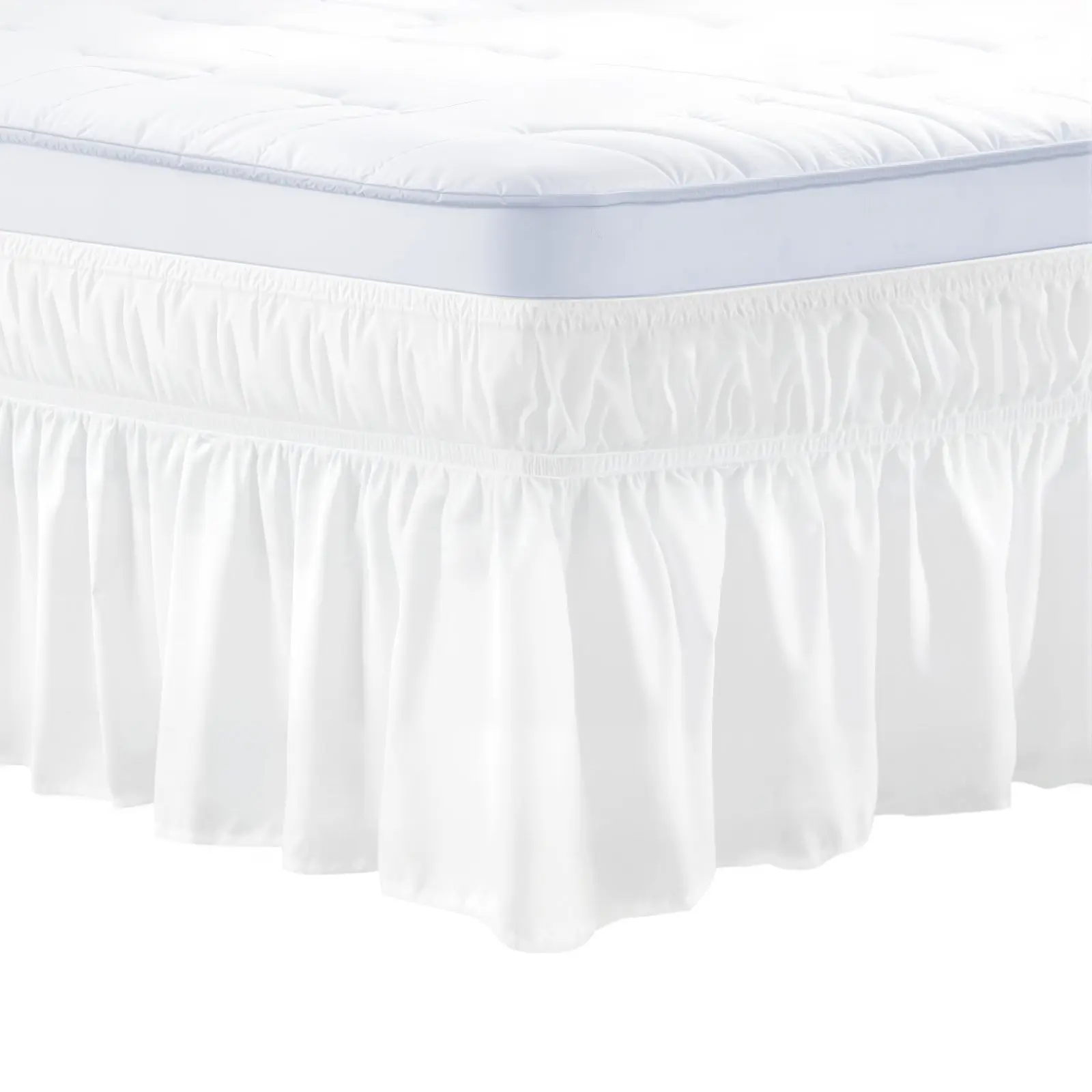 VEVOR Wrap Around Bed Skirt, 15 in Drop, White Dust Ruffle Queen Size, Three Sides Adjustable Bedskirt with Easy Fit Elastic Strap, Wrinkle-Free & Fade-Resistant, Machine Washable, for Queen Size Bed