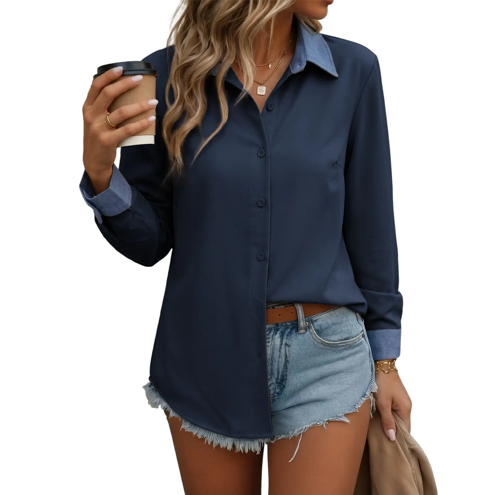 Dokotoo Women's Casual Patchwork Effect Shift Collar Long Sleeve Shirt  Autumn Winter T-Shirts
