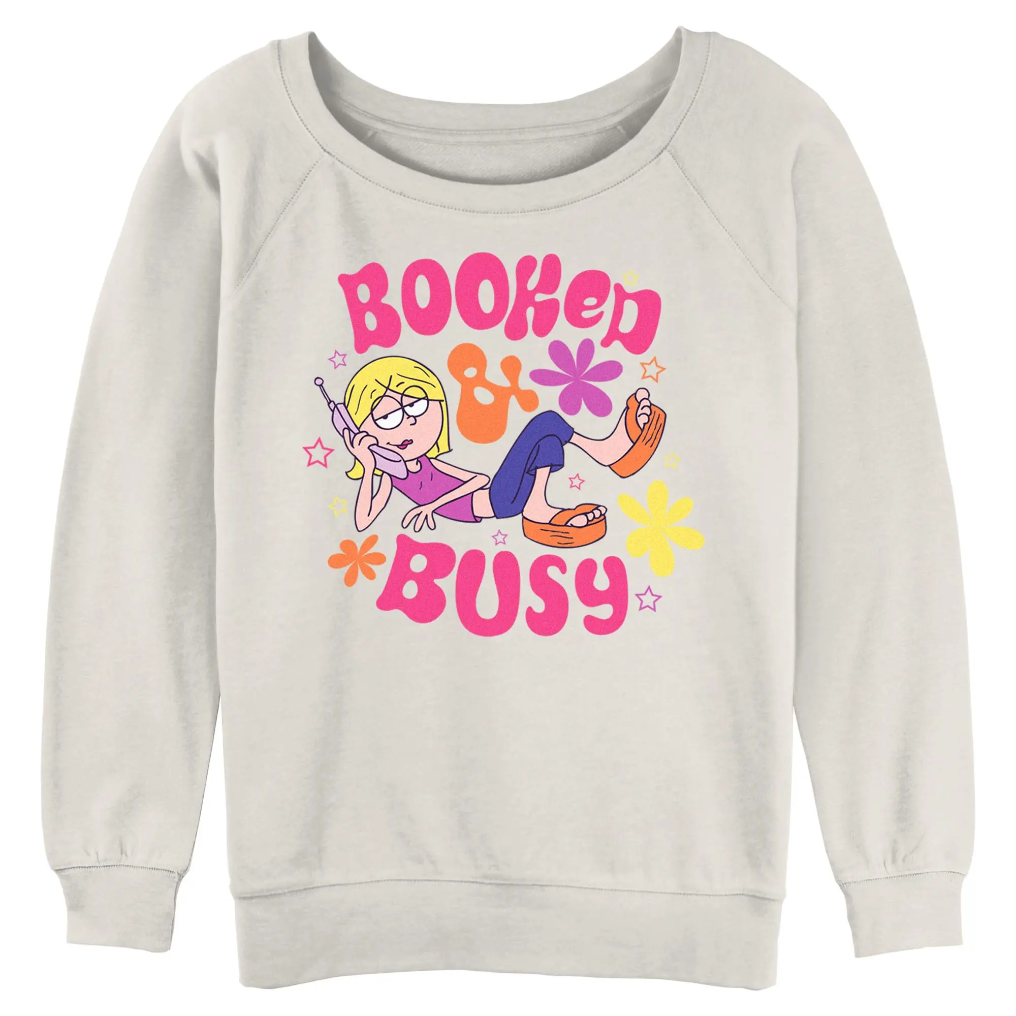 LIZZIE MCGUIRE Juniors' "Booked & Busy" Printed Sweatshirt - Colorful Casual Long Sleeve Fashion Crewneck Pullover, Top, Graphic, Matching, Fit, Round Neck, Flowers