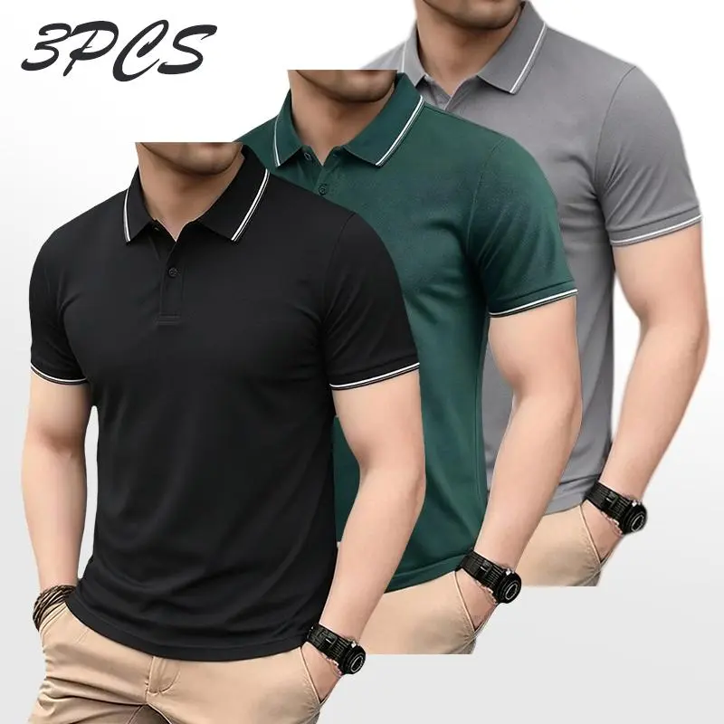 Men's 3-Pack Collared Polo Shirts, Fitted Athletic Short Sleeve Tops with Striped Trim, Quick Drying for Golf & Casual Wear, Dry-Fit Polo Shirts, Contrast Trim Polo Shirts