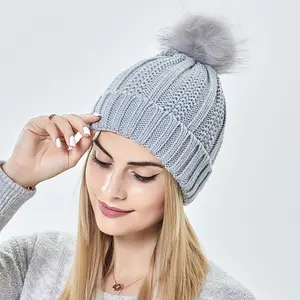 Fashion Stretchy Satin Lined Skull Knit Hats Beanie Hat For Women Faux Fur Pom Pom Hat Winter Keep Warming Beanie Hat beanie