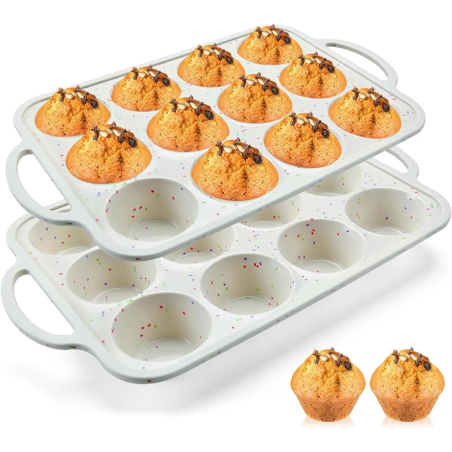 2PC Silicone Muffin Pans, Muffin Tin, 12-Cup Cupcake Pans with Metal Reinforced Frames, Regular-Size Cupcake Pans, Nonstick Cupcake Pans, Oven and Dishwasher Safe, Silicone Baking Molds for Baking Muffins, Cupcakes and Egg Bites