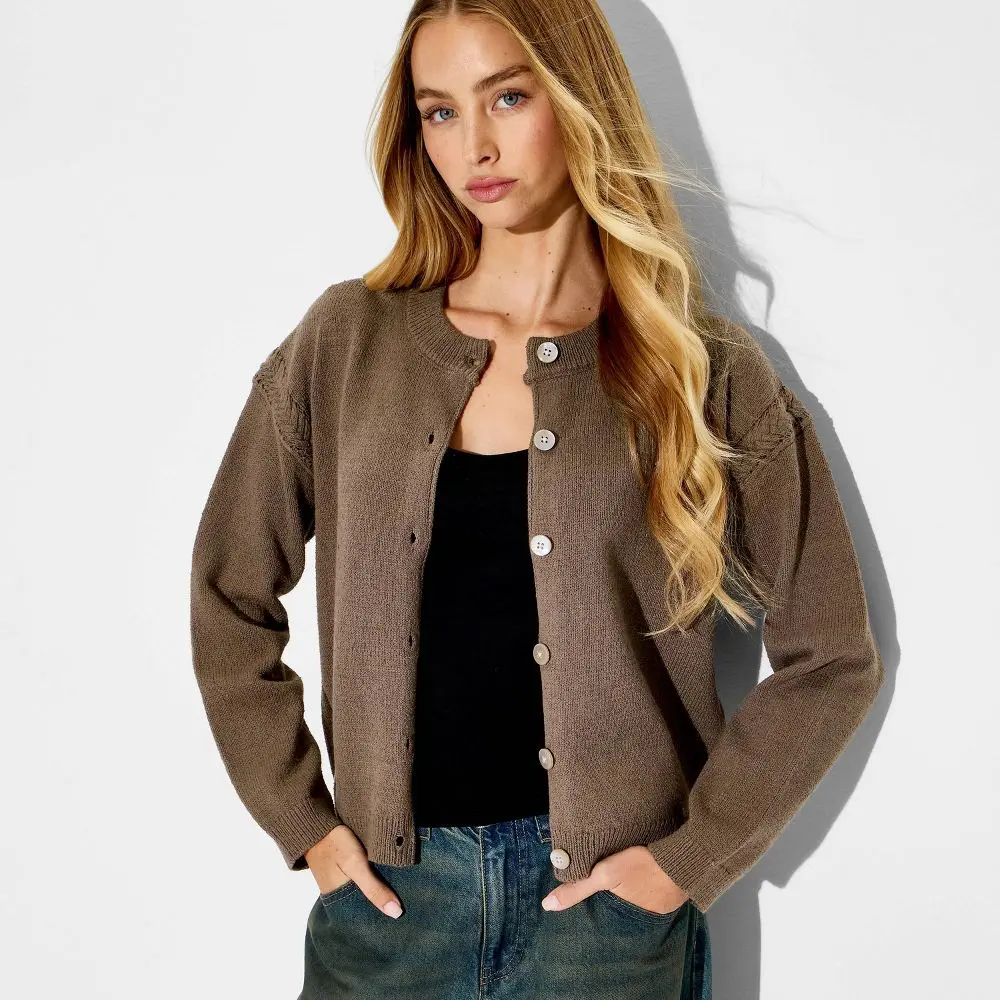 Women's Crewneck Cable Trim Cardigan - Wild Fable