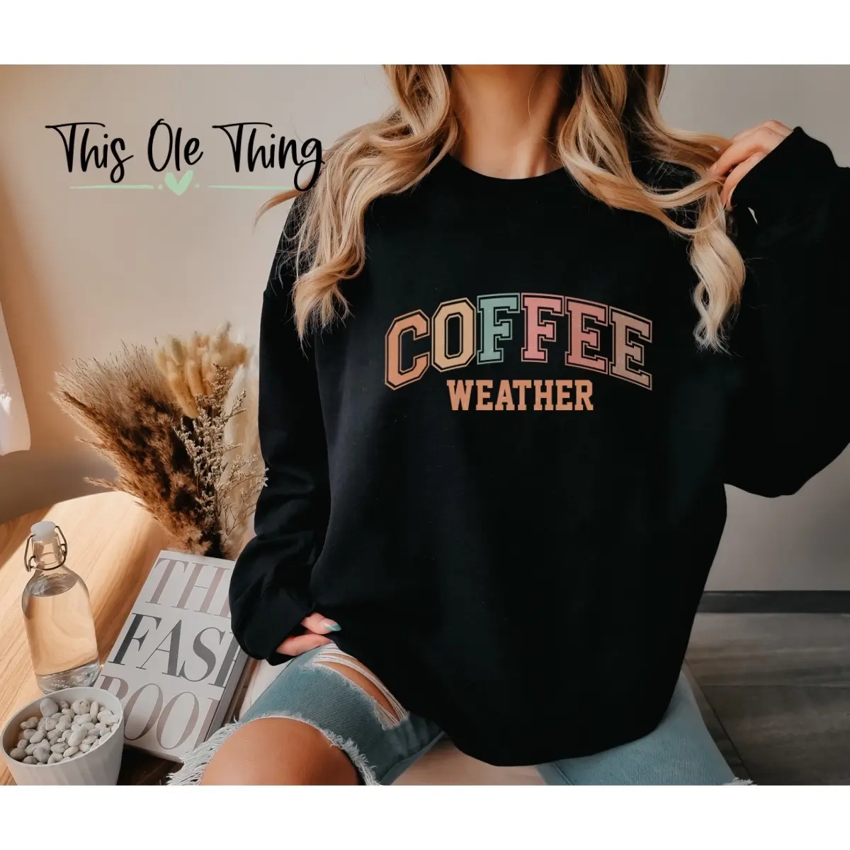 This Ole Thing Coffee Weather Women's Plush Crewneck Sweater Soft Material Heavyweight Cotton Christmas Sweatshirt Long Sleeve Casual Stylish Tops
