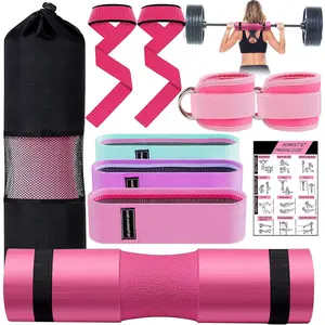 Barbell Pad Set for Squat,9 PCS  Thrusts Workout  Weight Lifting Bar Cushion with 2 Gym Ankle Straps,3  Resistance Bands,2 Lifting Strap,Barbell Pad and Carry Bag