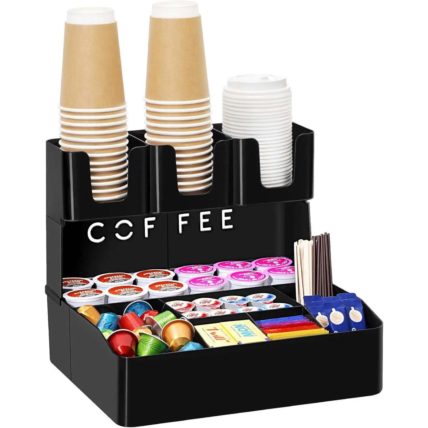 2-tier Coffee Station Organizer Caddy for Countertop, 10 Compartments Coffee Bar Organizers for Cups, Pods, Sugar, Compact Condiment Holders Storage for Office Breakroom Kitchen Home Black
