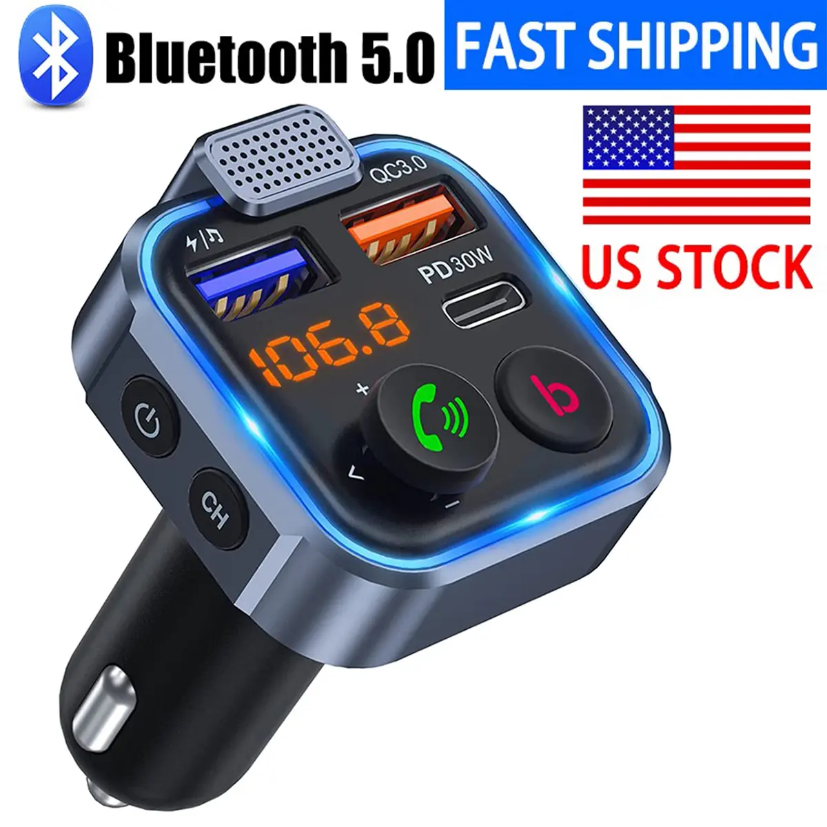 Multifunctional car FM transmitter with ambient light, Bluetooth player，BASS hands-free car MP3 player, wireless Bluetooth car charger with dual USB ports, suitable for Gift