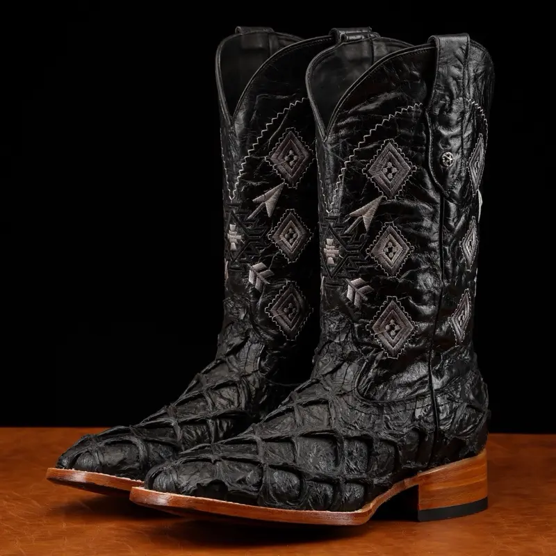 Matte Black Jumbo Pirarucu Print Leather Boots - Square Toe