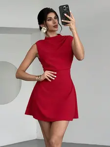 Women's Exquisite Romantic Daily Commute Wedding Party Music Festival Vacation Pleated A-Line Mini Dress, Red Halter Top Party Dresses For Women Women Formal