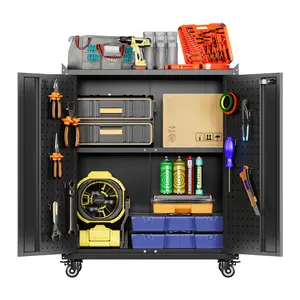 Aobabo Metal Storage Cabinets with Door Pegboard,Lockable Garage Storage Cabinets with Wheels for Garage, Home, Office,Assembly Required,Black,13.8" D x 26" W x 34.3" H