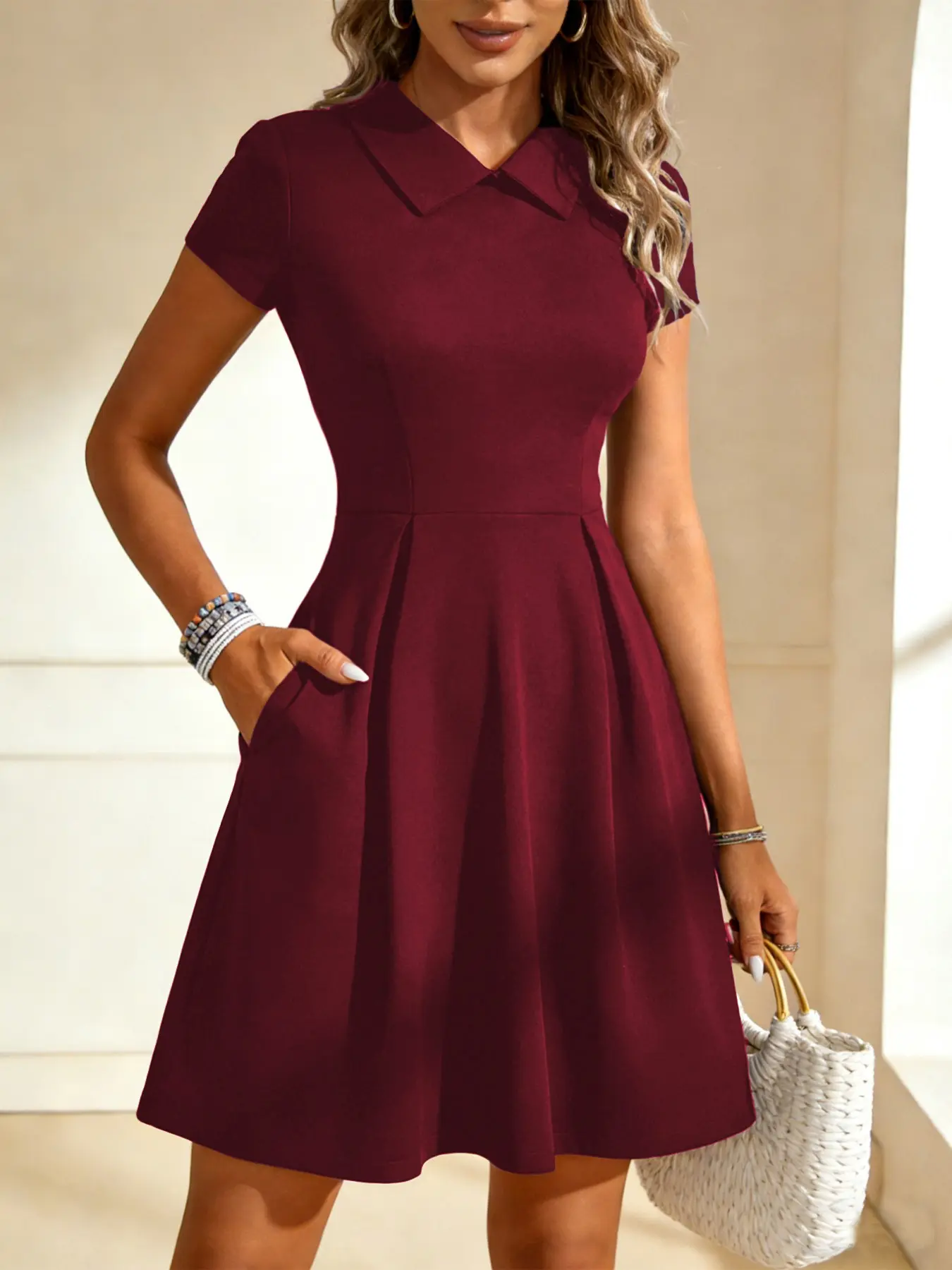 Elegant Women's Dress with Pockets, Short Sleeve Notched Neckline, Casual Workwear Office Party Wear, Dresses for Party, Pure Color, Stylish, Chic, Comfortable and Slim, Elegance