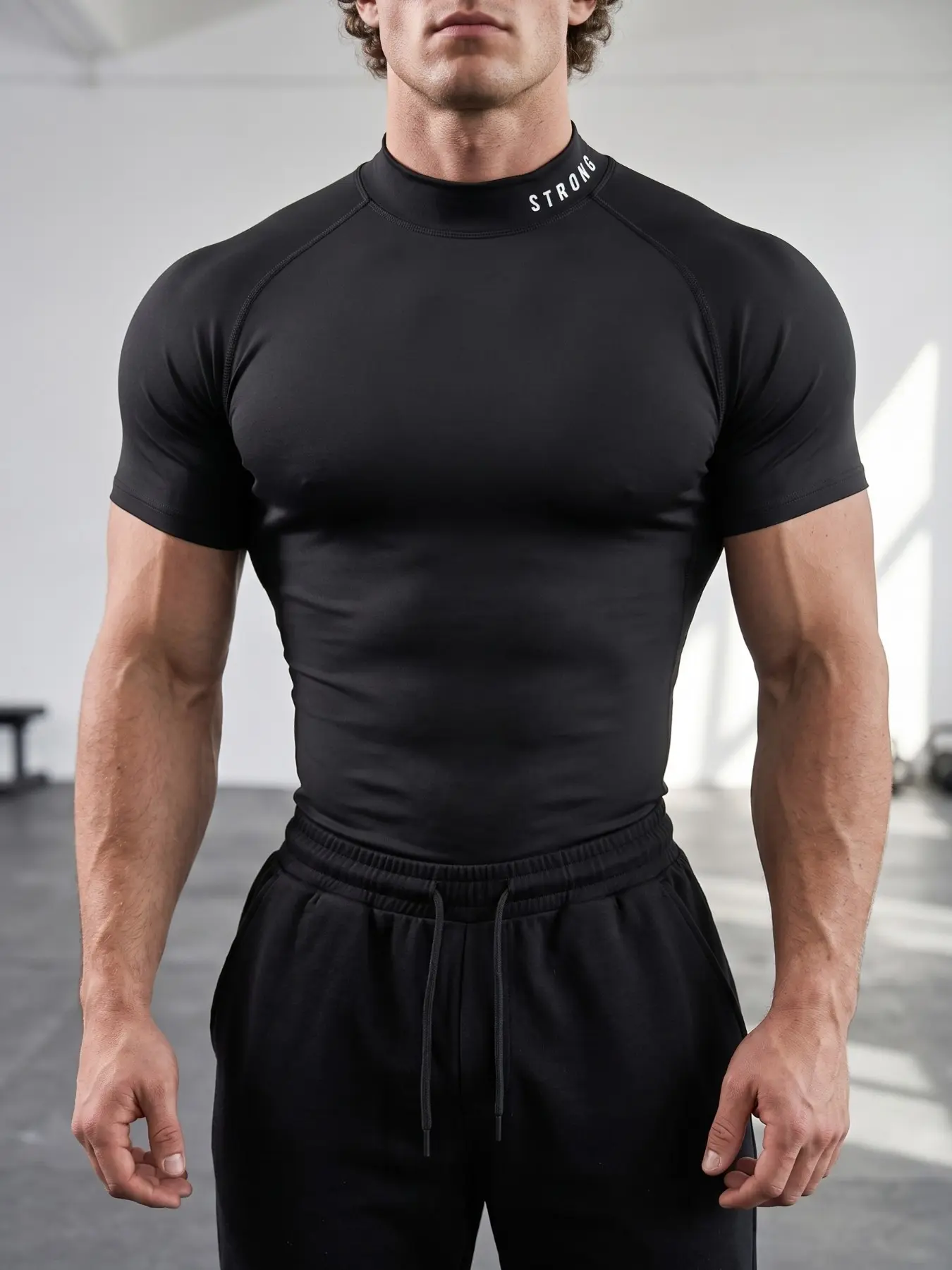 Men's High Neck Fitness T-Shirt, STRONG Print, Slim Fit Training Tee, Stretch Athletic Tee, Fitness Clothes Tops, High Stretch Polyester Blend, Ideal for High-Intensity Training, Daily Casual Wear, Gym Clothes Workout, Gym Workout Shirts, Fitness Top