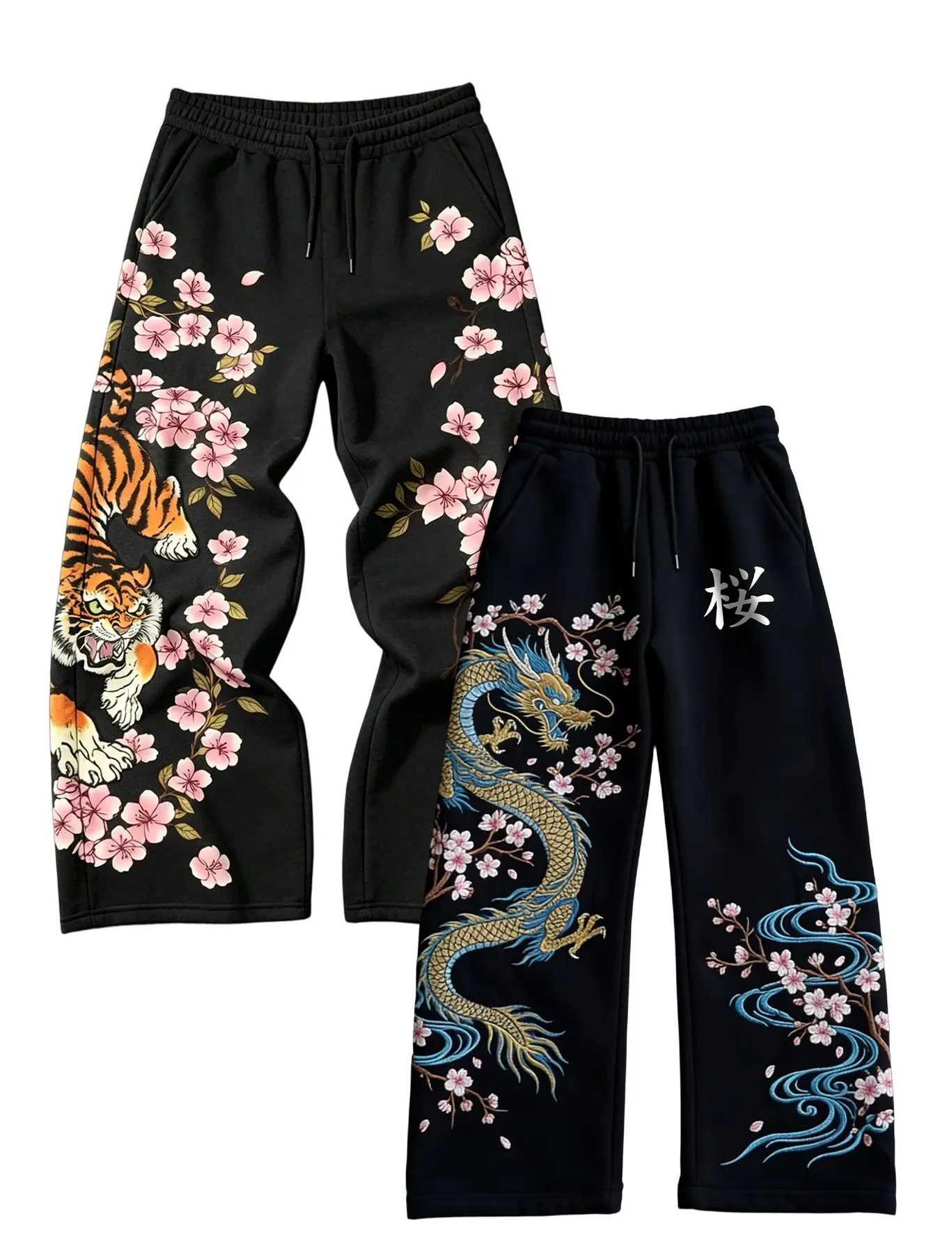 Men's High Street Retro Drop Waist Drawstring Sporty Casual Loungewear Pants 2-Pack, Dragon Tiger Cherry Blossom Floral Pattern, Trendy Fashion Lounge Wear