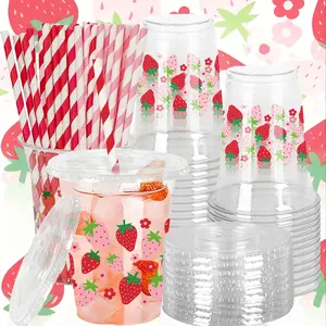 20 Pack Strawberry Design Plastic Cups with Lids and Straws, 12 Oz Reusable Party Drinkware, Perfect for Gatherings and Events, Party Supplies, Set