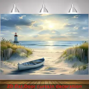 2D Flat Banner HD Digitally Printed Polyester Photography Backdrop, featuring a Beach Seascape with Lighthouse, Boat, Sand Dunes, and Ocean under a Sunny Sky. Soft, lightweight, foldable, machine washable background cloth for Phot