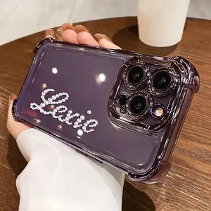 Luxury Personalized Customized Rhinestone Name Letter Bling Glitter Anti Fall Electroplated Transparent Phone Case For IPhone 17 17Air 16 15 14 13 12 11 Pro Max Plus Lens Protection Shockproof Cover