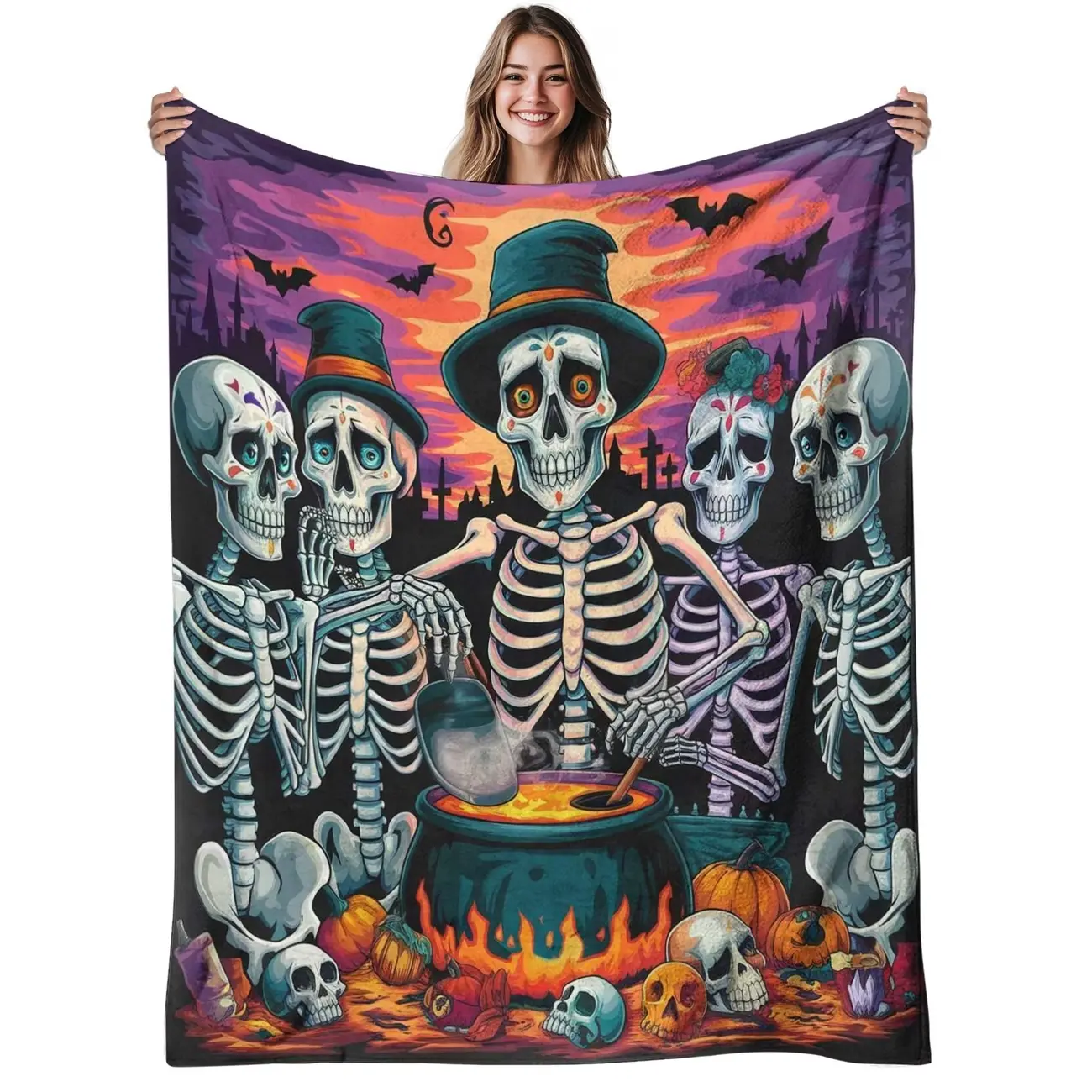 1pc Gothic Witches & Skeletons Flannel Blanket - 280gsm Heavy-Duty, Soft, Warm All-Season Bedspread with Cauldron, Bats & Card Art Print, Gothic Aesthetic, Spooky, Halloween Graphic Throws for Halloween, Witch-Themed Room Decor (Black-Purple), Gothic Aest