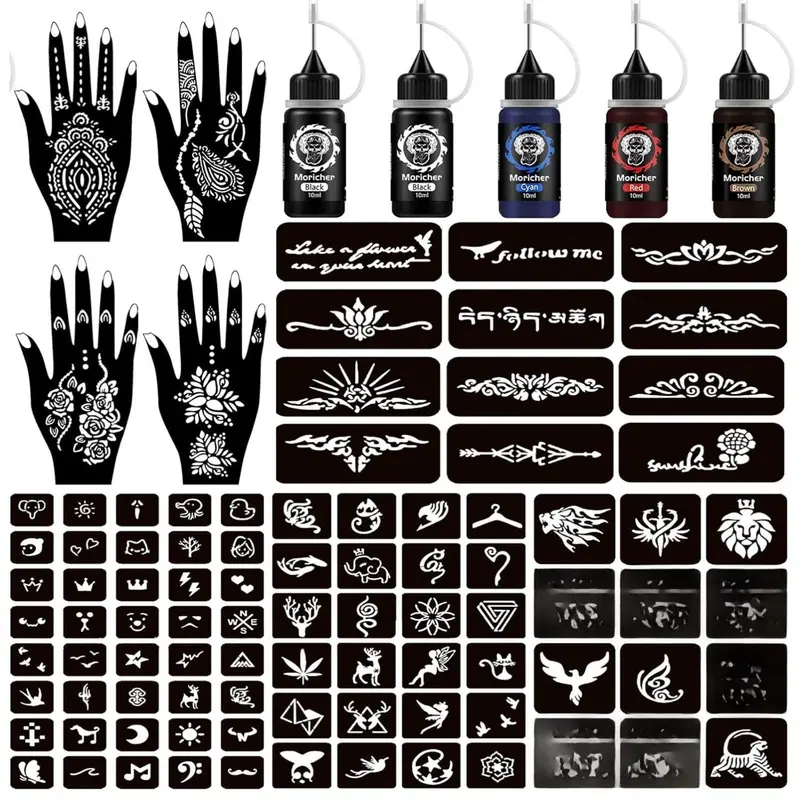 Moricher Temporary Tattoo Kits Henna kit 5 Inks 96 Stencils Cosmetic Grade for Women Men Kids DIY Art Painting Party Gifts