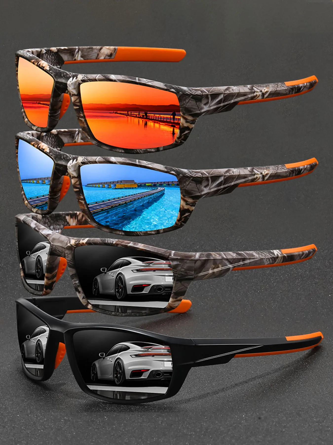 4 latest camouflage sports glasses, Sporty eyewear, classic camouflage pattern frame with anti slip rubber nose pad and rubber eyeglass legs, comfortable to wear, ideal choice for outdoor sports enthusiasts, men's and women's glasses