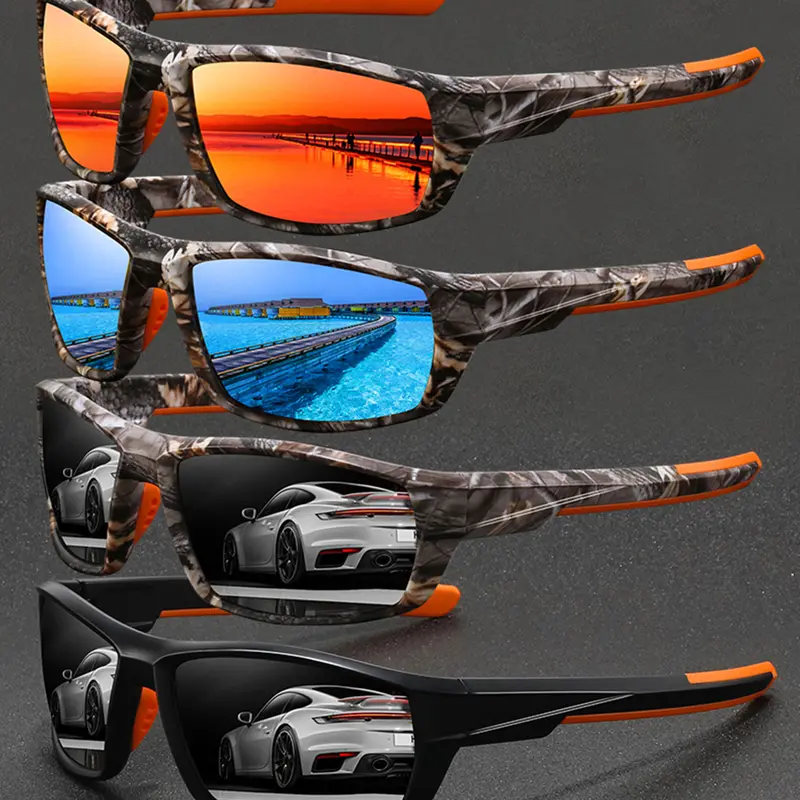 4 latest camouflage sports glasses, Sporty eyewear, classic camouflage pattern frame with anti slip rubber nose pad and rubber eyeglass legs, comfortable to wear, ideal choice for outdoor sports enthusiasts, men's and women's glasses