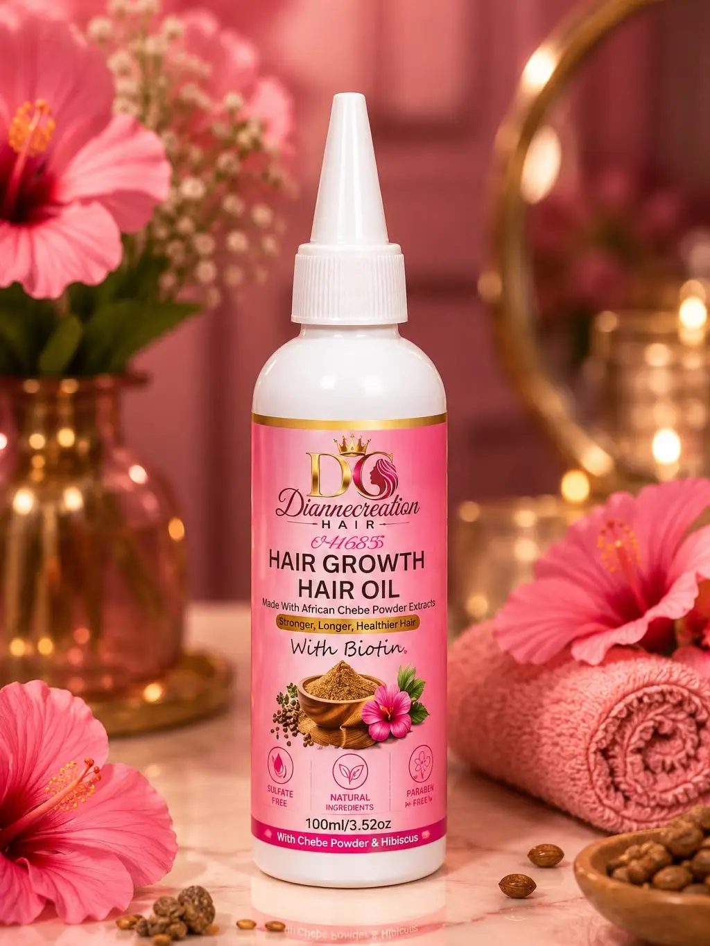 Diannecreation Hair Growth Hair Oil with African Chebe Powder Extract & Biotin – Hibiscus Formula, Sulfate Free & Paraben Free – 3.52 fl oz (100 mL)
