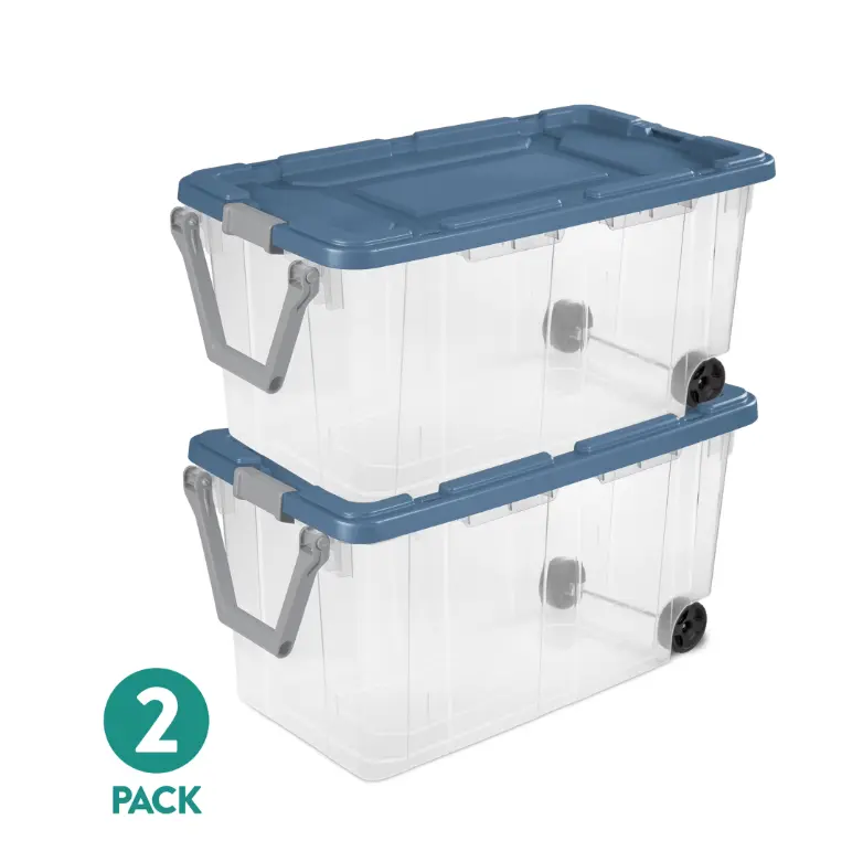( 2 Pack) Sterilite Extra-Large Wheeled Rugged Storage Bin, 160 Quart Durable Clear Storage Container with Latching Lid and Pull Handle