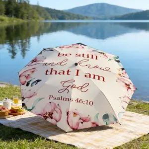 Portable folding umbrella This folding umbrella features floral patterns with pink and red flowers, and includes text prominently displaying "Psalms 46:10." Suitable for daily travel use, holiday Gift