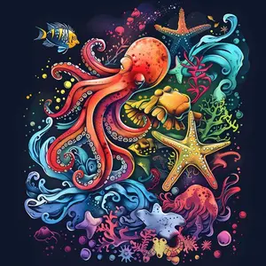 5D DIY Diamond Arts Colorful Painting Kit, Octopus & Starfish & Coral Pattern Round Diamond Arts Colorful Painting, DIY Decorative Art Picture
