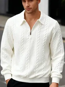 Men's Textured Polo Neck Sweatshirt, Zip Half Button Design, Casual Fitted Pullover, Fall & Winter Essential, Plain Style