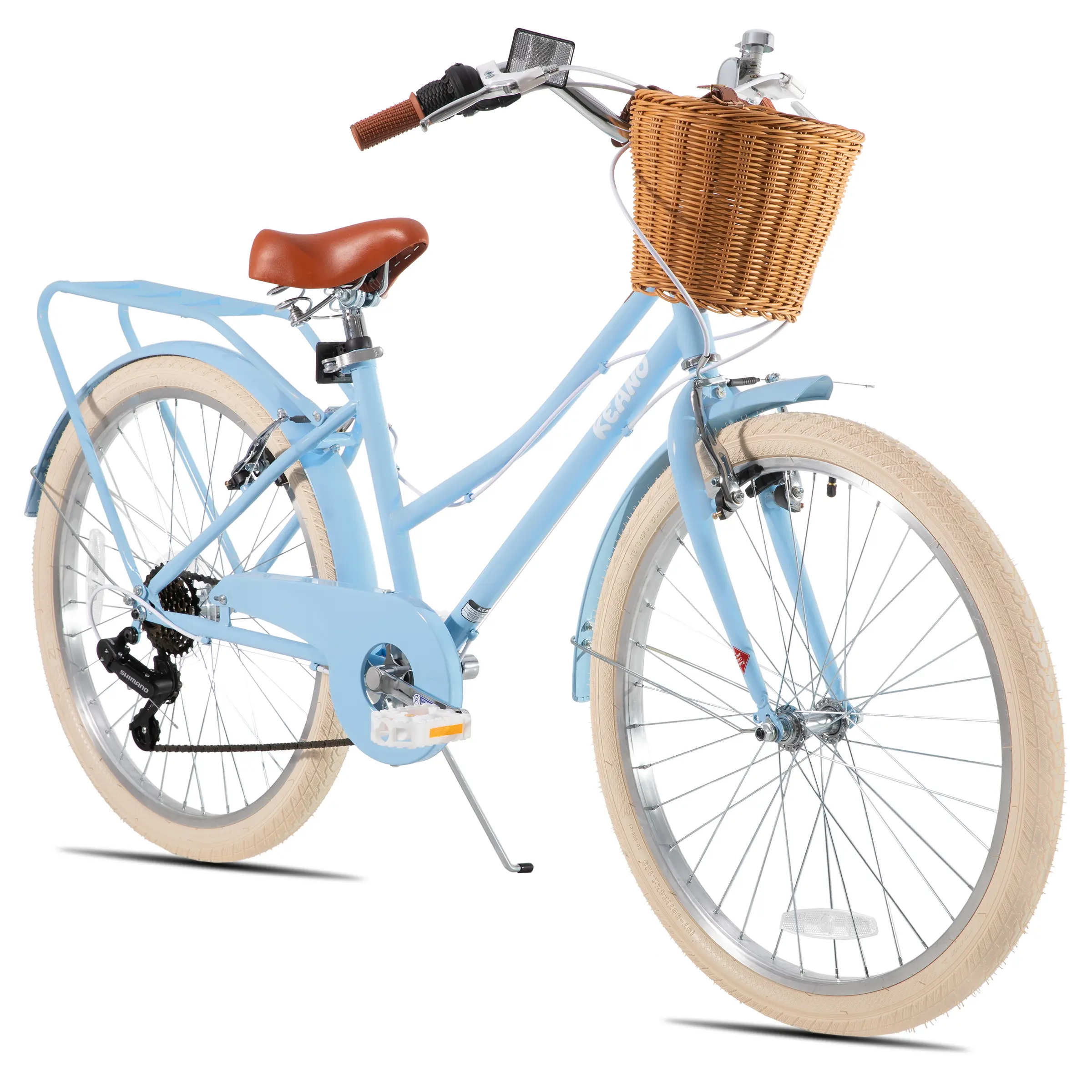 KEANO Poppy Kids Hybrid City Bike for Girls (7-12 Years) - 20/24 In, 7-Speed, Classic Woven Basket, Leather Saddle, Smooth Climbing Hills, Beginner Stop Power, Multiple Colors