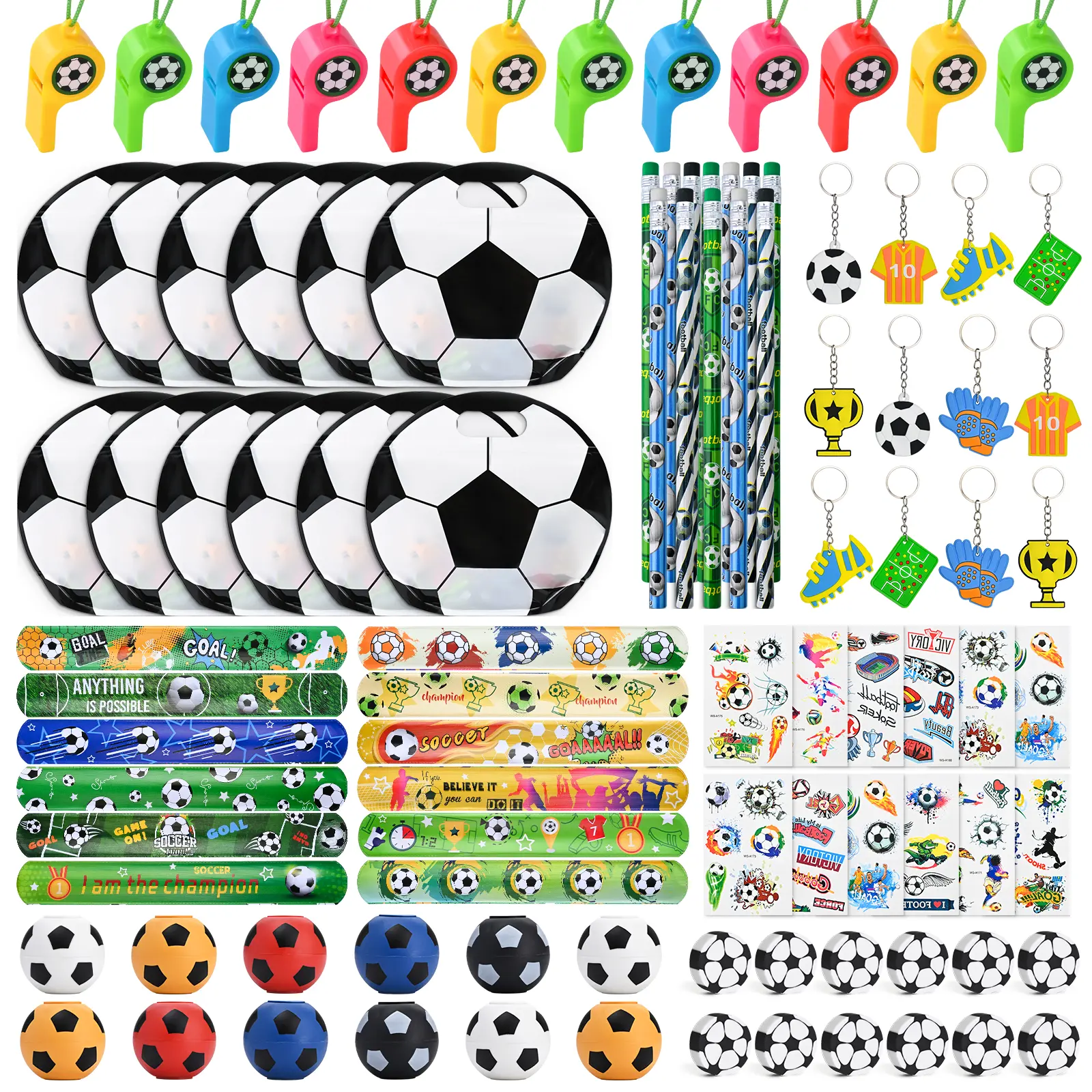 12 Pack Soccer Party Favors Set - Box-Packed, Boxed Assortment Party Supplies with Goodie Bags, Fidget Spinners, Slap Bracelets, Tattoo Stickers, Pencils, Erasers, Whistles for Birthday Gifts, Birthday Ideas, Box-Packed Party Supplies