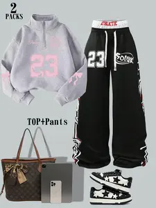 Women's Casual Loose-Fitting Set, Hooded Half-Zip Sweatshirt & Wide-Leg Pants, Fall Winter Fashion, Butterfly Pattern, Streetwear Style