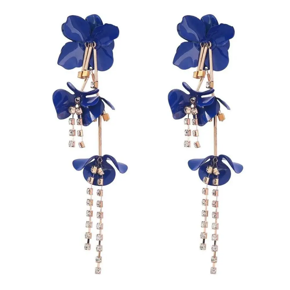 Exaggerated Gold Earrings Blue Color Big Flower Long Tassel Drop Earrings
