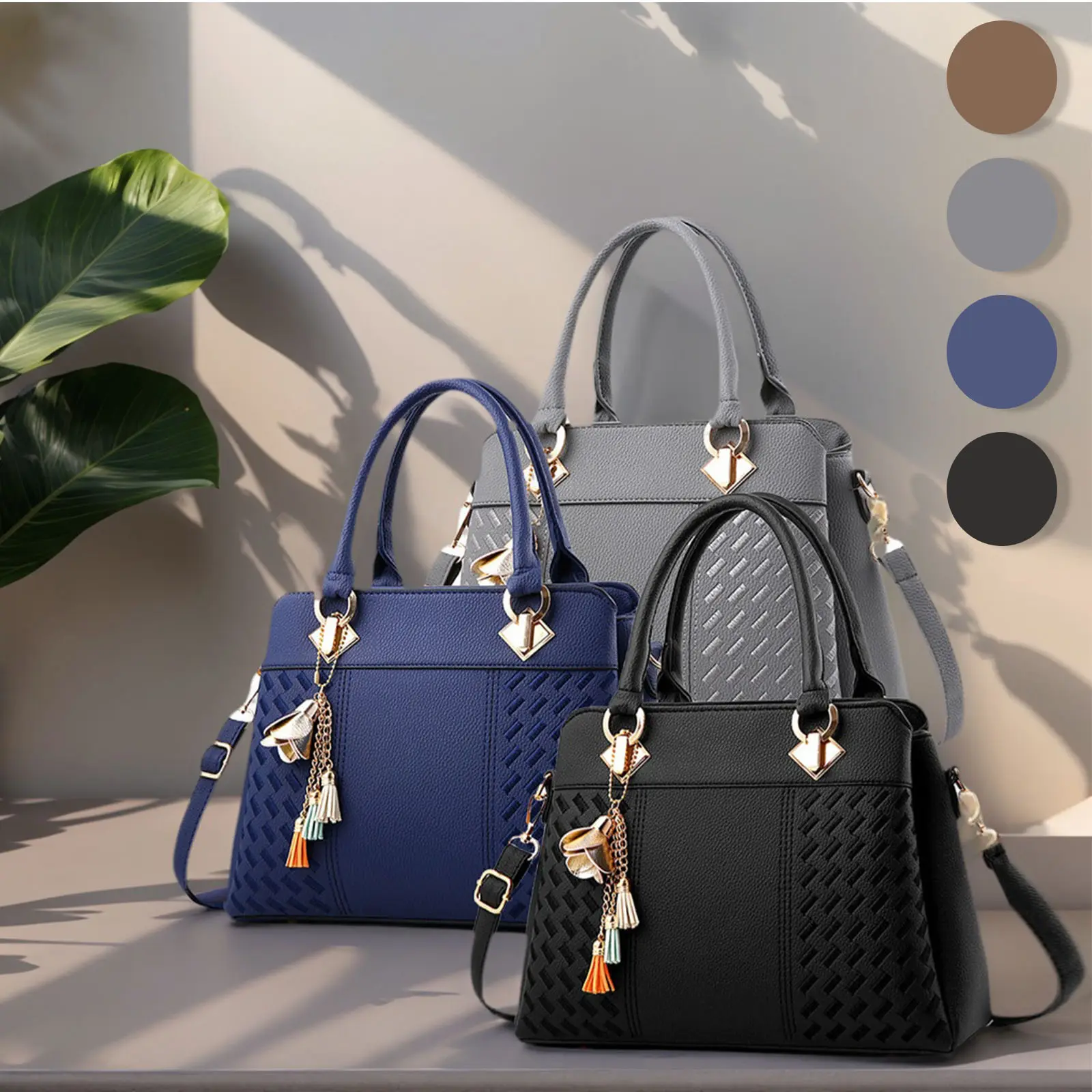 Women's Elegant Plain Synthetic PU Leather Satchel Handbag - Double Handle, Adjustable Strap, Tassel Accent, Scratchproof Convertible Crossbody, Zip Closure for Casual Wear, Party, Darkgray