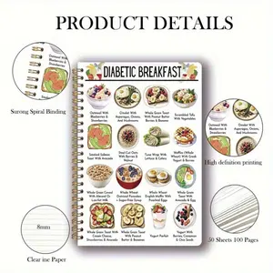 A diabetes breakfast recipe book (with color photos) spiral-bound blood sugar-lowering meal plans, Meal planner, healthy living guide, diabetes management guide, Portable A5 notebook, suitable for diabetes patients, chefs, and nutritionists