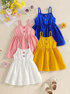 Girls' summer camisole dress, fresh and energetic candy style, girls' multi-color jacquard camisole dress, button waist+textured fabric, Valentine's Day gift, suitable for daily travel, park play, beach vacation, Sleeveless Tank Dress