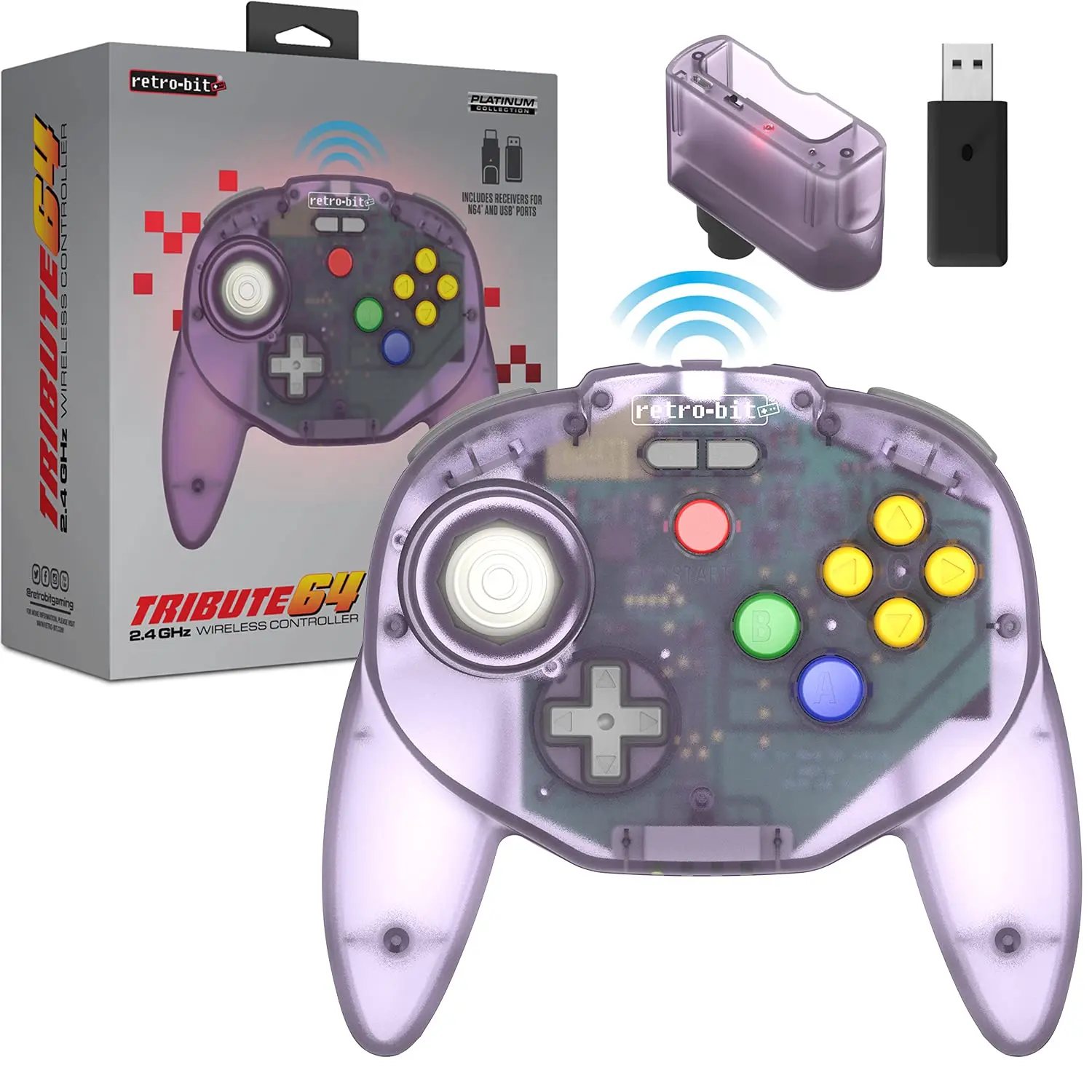 Retro-Bit Tribute 64 Wireless Controller for Nintendo 64, Switch Online, PC, MacOS, RetroPie, Raspberry Pi and Other USB Devices - Atomic Purple
