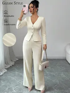 Women's Casual Chic Slim-Fit Sleeveless V-Neck Long-Sleeve Top & Wide-Leg Pants Outfit Suits Set, Woven Fabric, Womenswear Clothes, All Season Wear