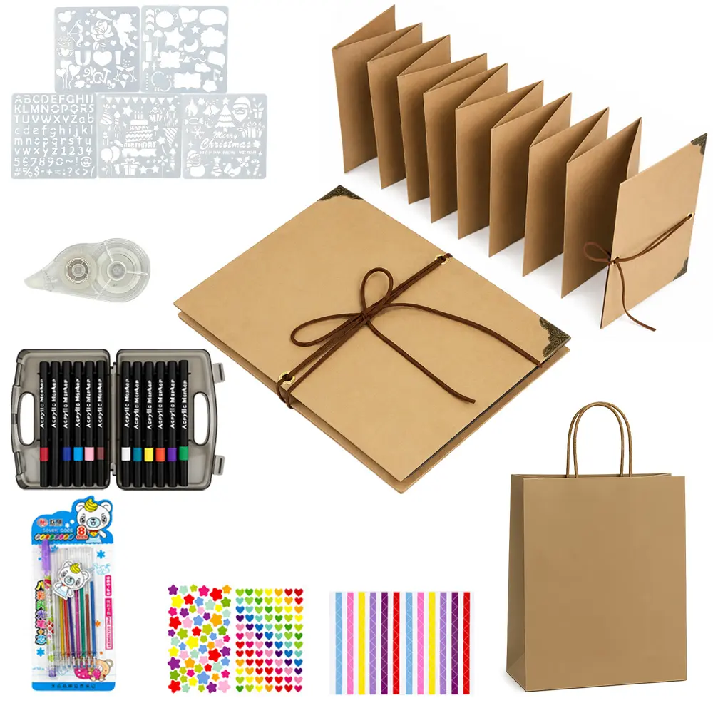 99+ Inch Accordion Folding Scrapbooking Album DIY Crafts Kit - Colored Markers, Sticker Packs, Correction Tape, Gift Bag, Kraft Paper - Wedding Memory Preserver - Men's Birthday Gift